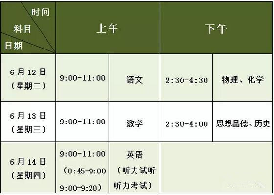 2018年重庆中考考试时间：6月12日-14日