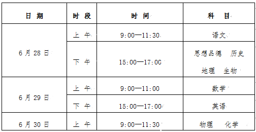 石嘴山2018年中考考试时间：6月28日至30日