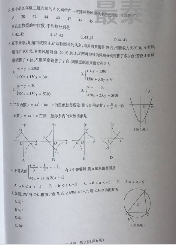 2018年泰安中考數學試卷真題【含答案及評分標準】