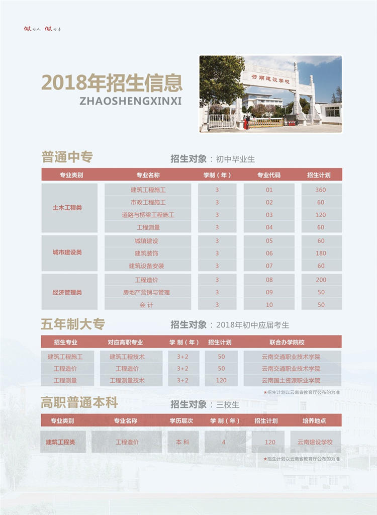 云南建设学校2018招生简章