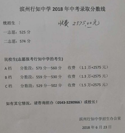 2018年滨州中考分数线公布：行知中学525分