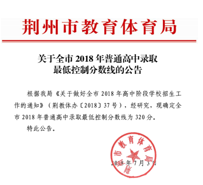 2018年荆州重点高中中考录取分数线公布