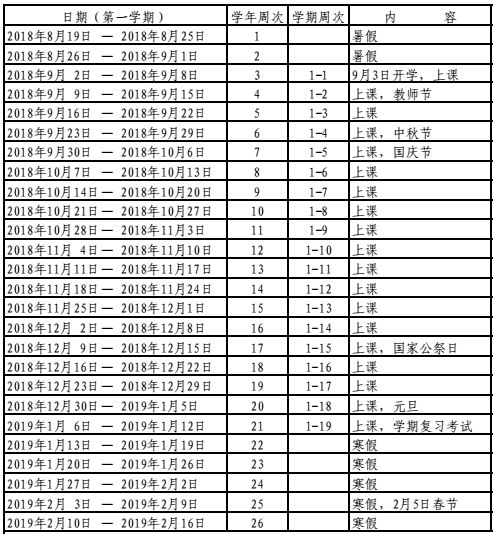 2018-2019学年珠海中小学校历及寒假时间公布