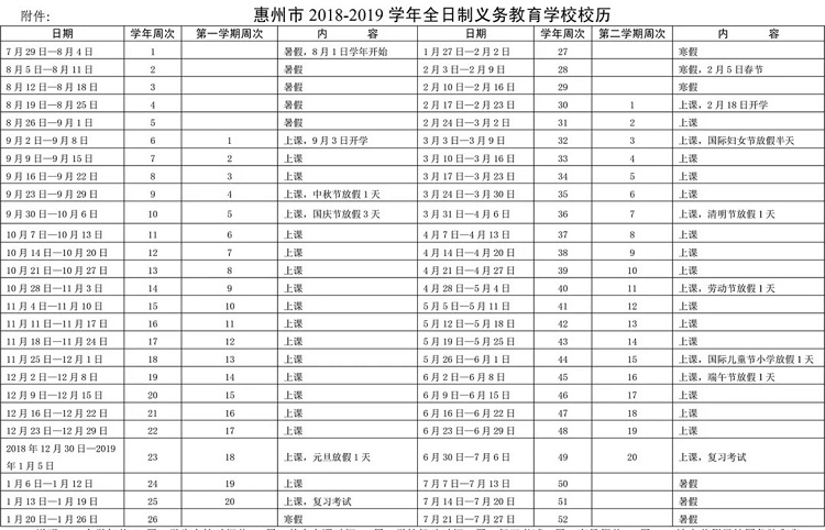 2019年惠州中小学校历安排公布