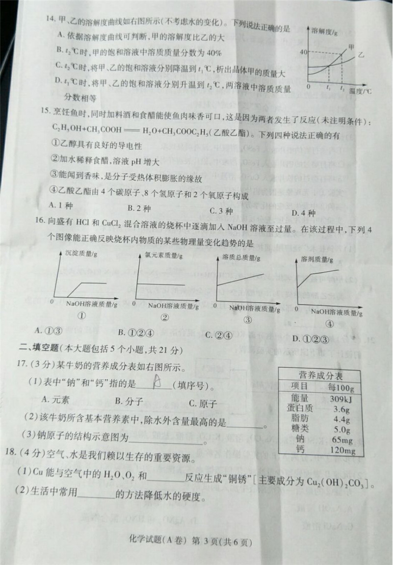 2019重慶中考A卷化學試題