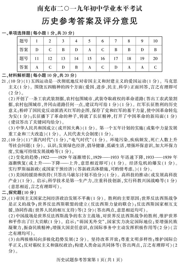 2019四川南充中考?xì)v史試題及答案