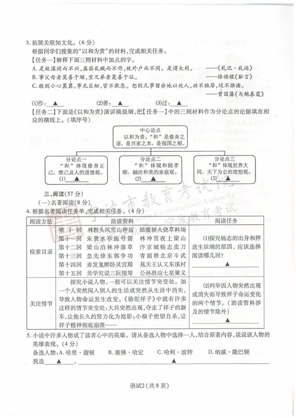 2019浙江宁波中考语文试题及答案