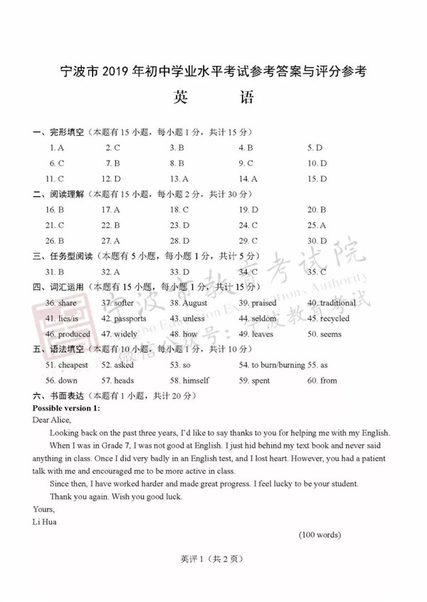 2019浙江宁波中考英语试题及答案