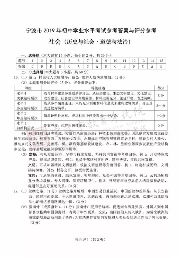 2019浙江寧波中考社會(huì)試題及答案