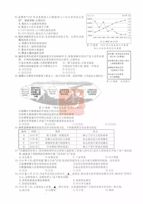 2019浙江杭州中考政治歷史試題及答案