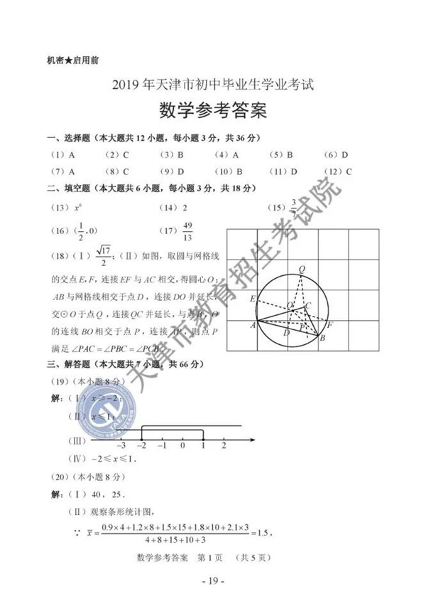 2019天津中考数学试题及答案