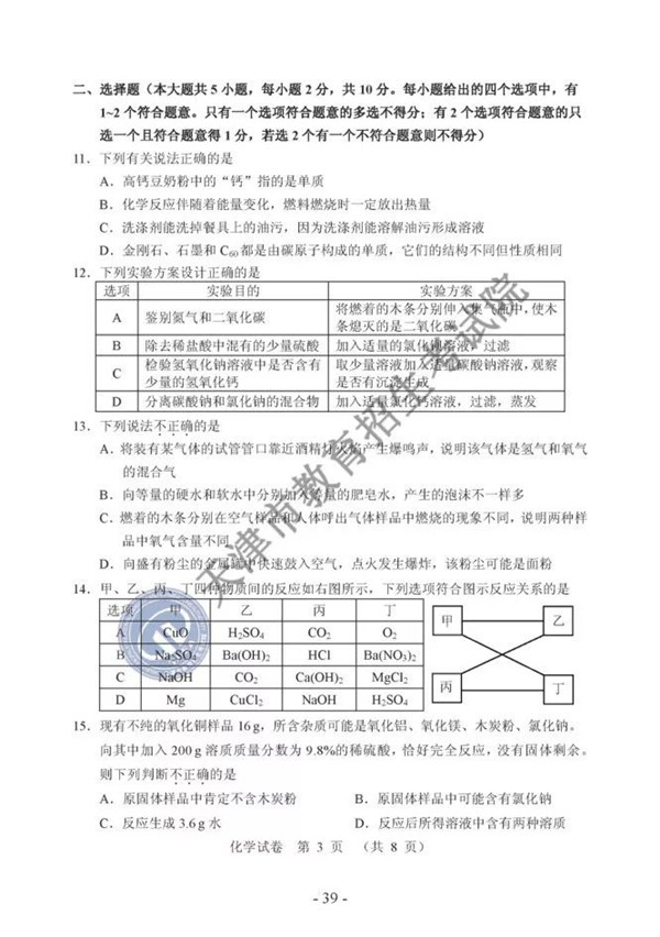 2019天津中考化学试题及答案