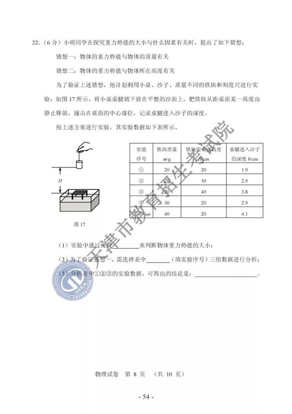 2019天津中考物理試題及答案