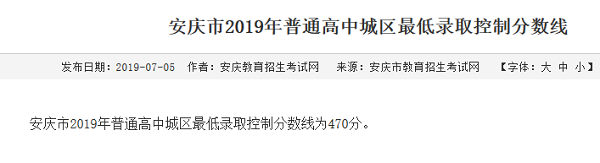 2019年安徽安庆中考最低控制分数线