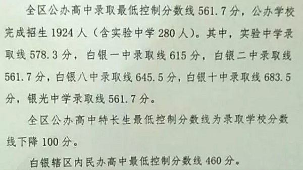 2023甘肃省白银市中考录取分数线预测