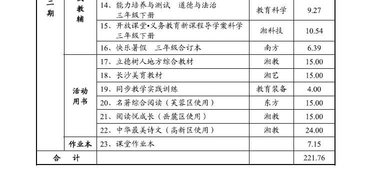 長沙市城區2022年春季義務教育三年級課程用書價格表