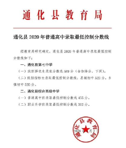 通化县中考各高中录取分数线