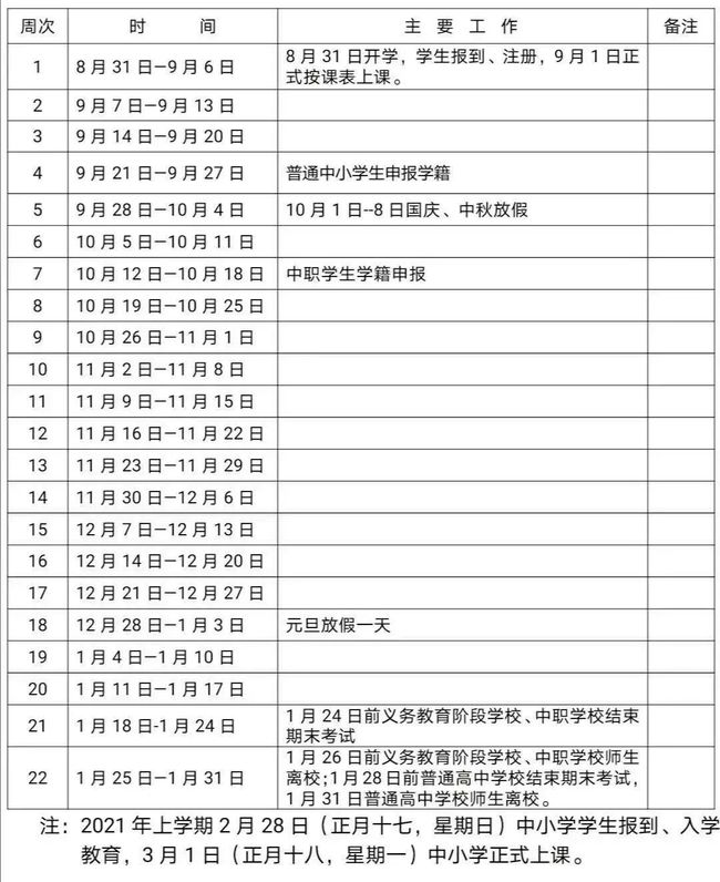 2020-2021湘潭中小学校历公布