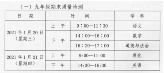 2021武汉初三元月调考时间安排出炉