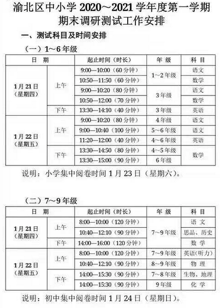 2020-2021年重庆渝北区初中期末考试时间公布
