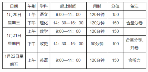 2020-2021年重庆渝中区初中期末考试时间安排