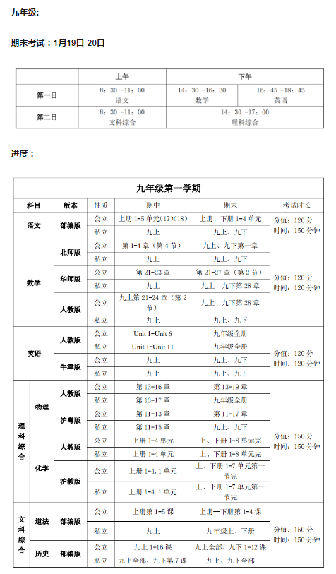 2021期末考试时间初中