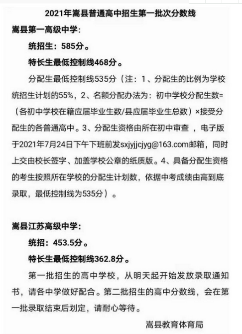 洛阳嵩县第一高级中学录取分数线