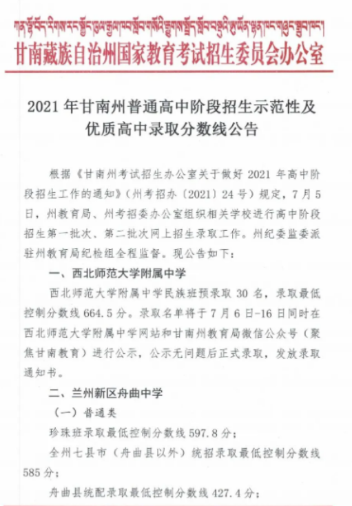 2021甘肃甘南重点高中录取分数线公布