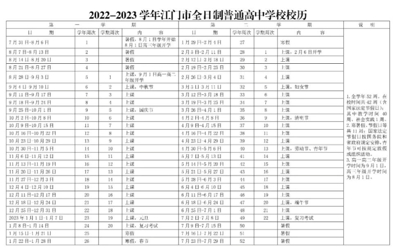 2022-2023年江门中小学校历 寒暑假放假时间