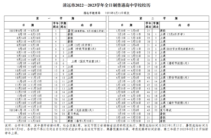 2022-2023年清远中小学校历 寒暑假放假时间