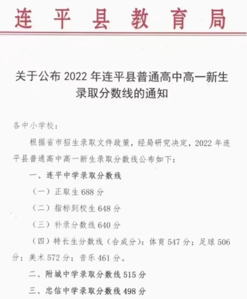 2022年河源连平县中考录取分数线公布