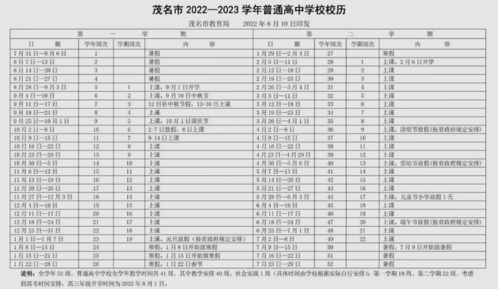 2022-2023年茂名中小学校历 寒暑假放假时间