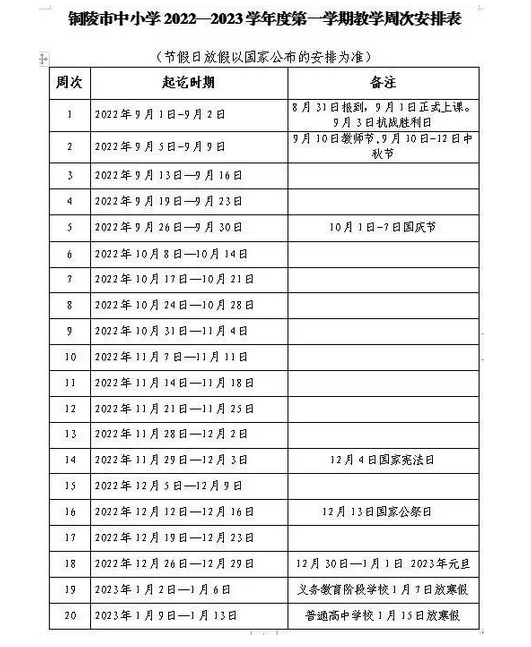 2022-2023年安徽铜陵中小学校历