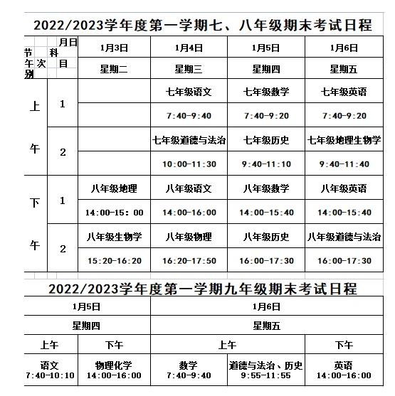 2023合肥市包河区中小学期末考试详细时间安排