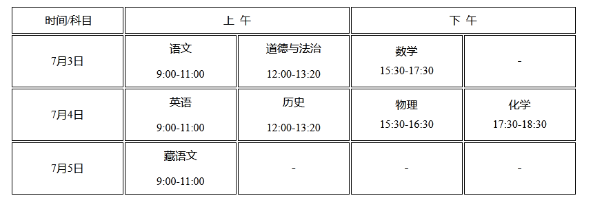 2024西藏中考時間及考試科目