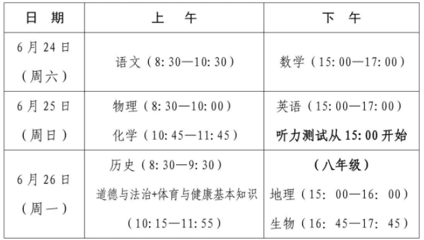 福州中考时间2023年时间表