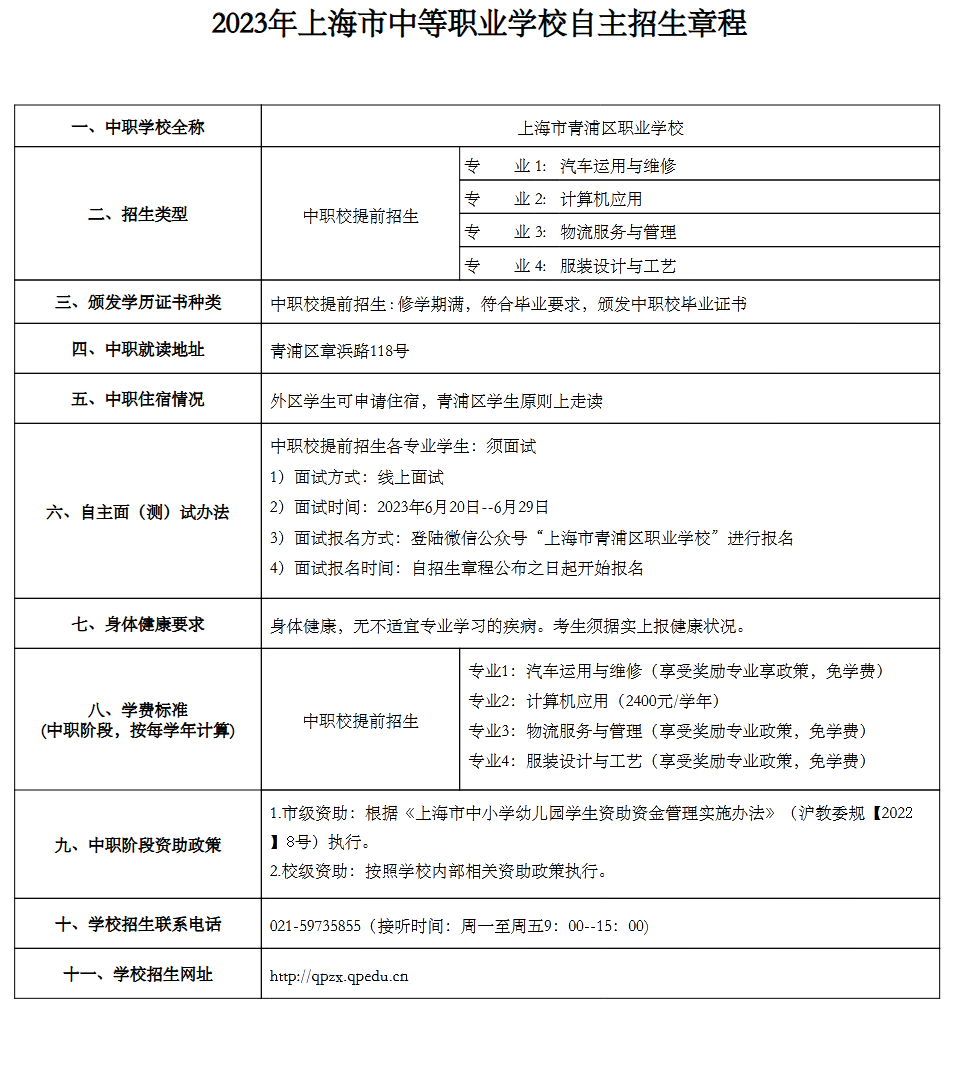  2023年上海青浦区职业学校中考自主招生计划公布