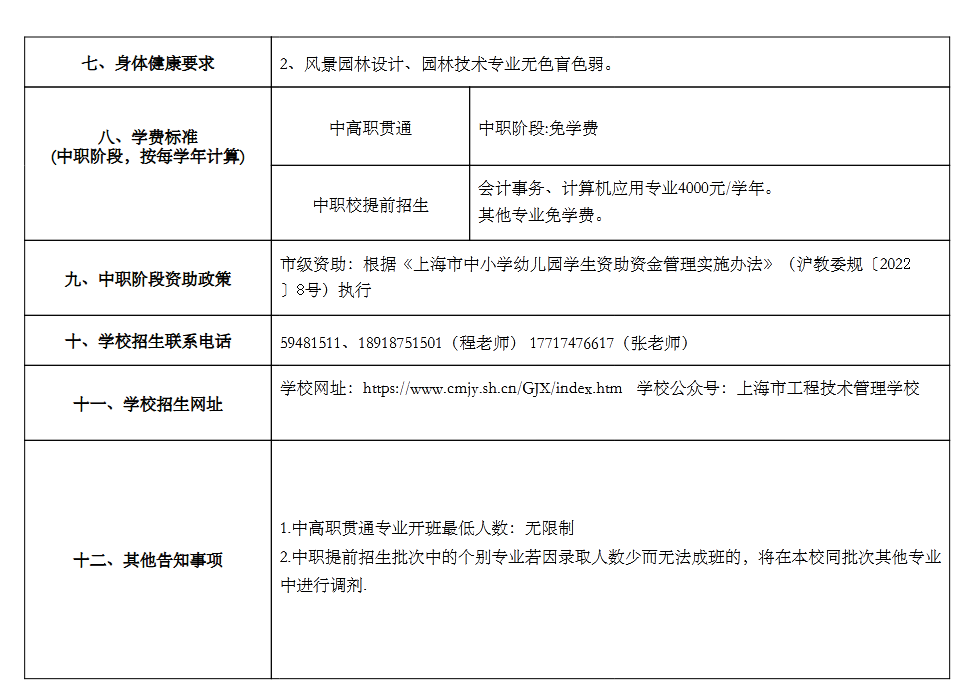 2023年上海工程技术管理学校中考自主招生计划公布