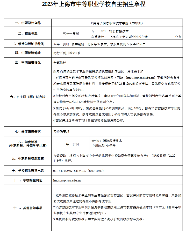 2023年上海电子信息职业技术学院中考自主招生计划公布