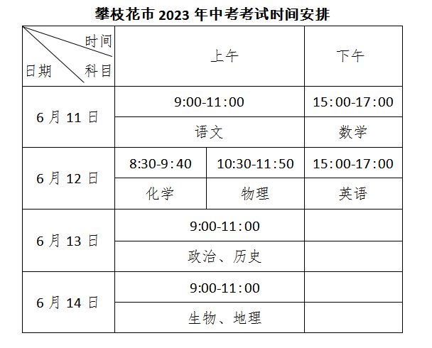 攀枝花中考时间2023年具体时间 2023中考详细时间