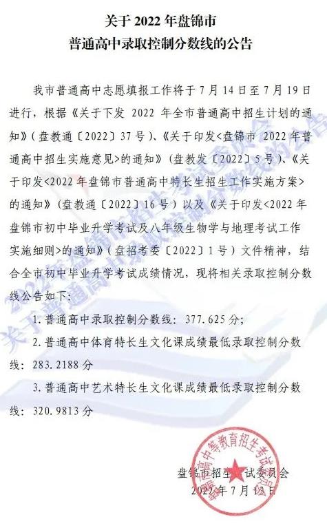 2023盤錦中考多少分能上高中