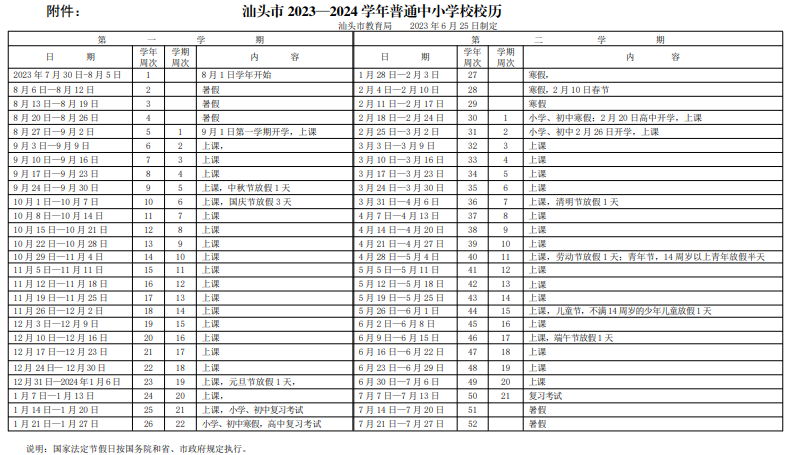 2024學年汕頭中小學校歷 寒暑假放假時間