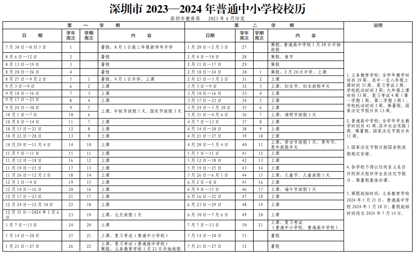 2023-2024学年深圳中小学校历 寒暑假放假时间