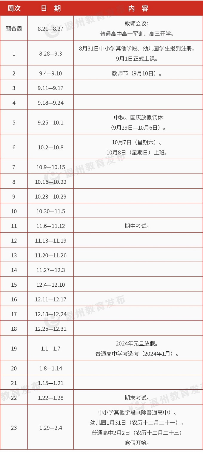 2023-2024学年温州中小学校历 寒暑假放假时间