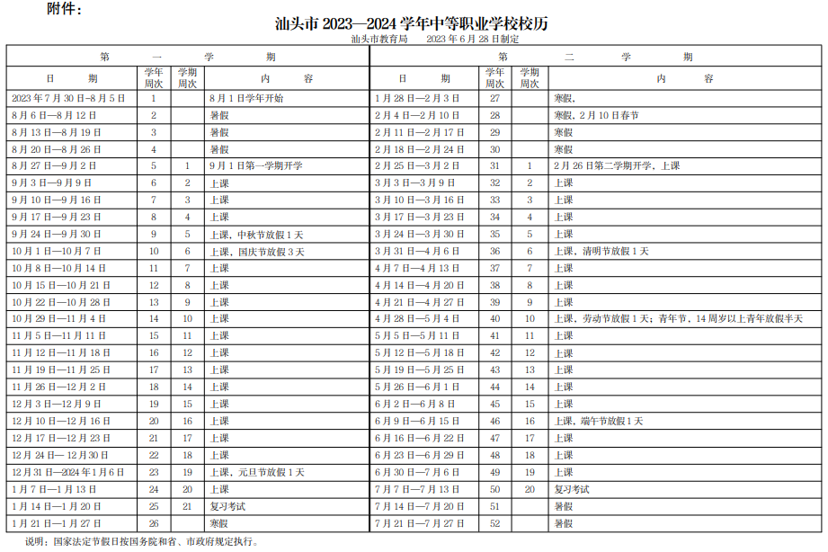 2023-2024學(xué)年汕頭中等職業(yè)學(xué)校校歷 寒暑假放假時間