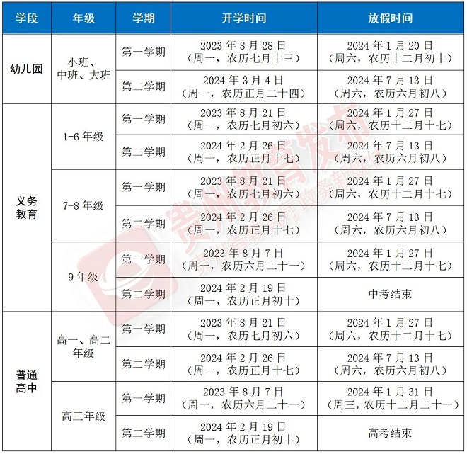 2024學年六盤水中小學校歷 寒暑假放假時間