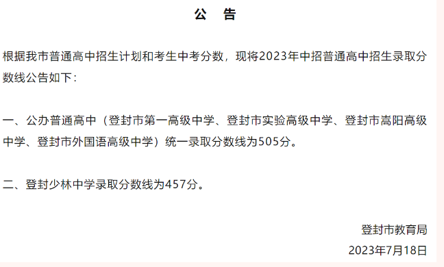 2023年郑州登封市中考普高最低录取分数线