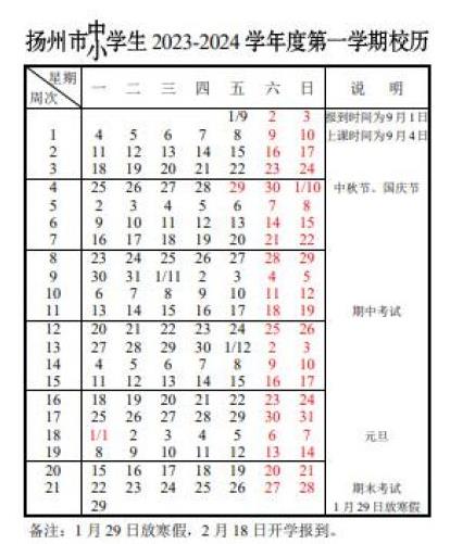 2023-2024学年扬州中小学校历 寒暑假放假时间