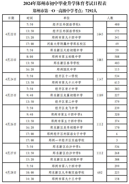 2024郑州中考体育考试时间及地点