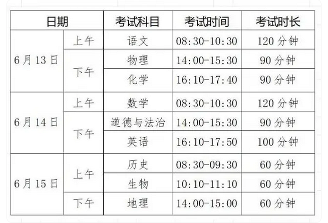 煙臺中考時間2024年時間表